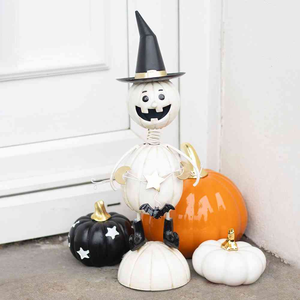 Something Different - White Metal Pumpkin Man Ornament with Witch Hat Garden figure - Multicolours